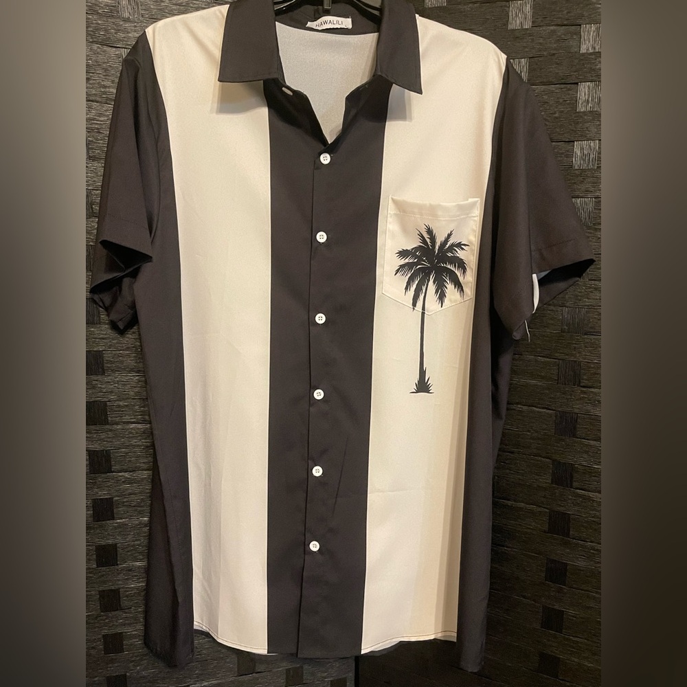 Hawalili Colorblock Palm Tree Shirt men's Sz Lg Short Sleeve Button-up polyester